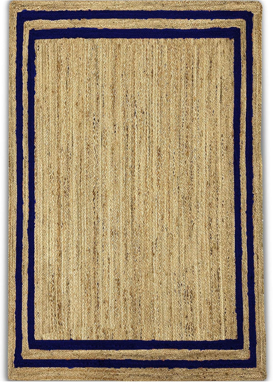 Natural Jute Area Rug with navy blue border, ideal for living room or entryway as a stylish floor carpet.