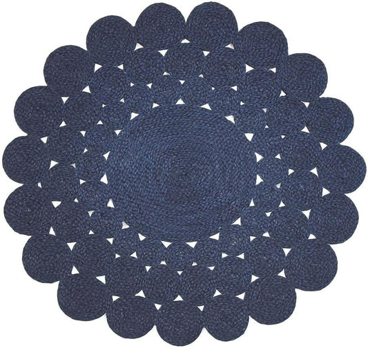 Natural Jute Area Rug in deep navy with a scalloped design — perfect for enhancing cozy living spaces.