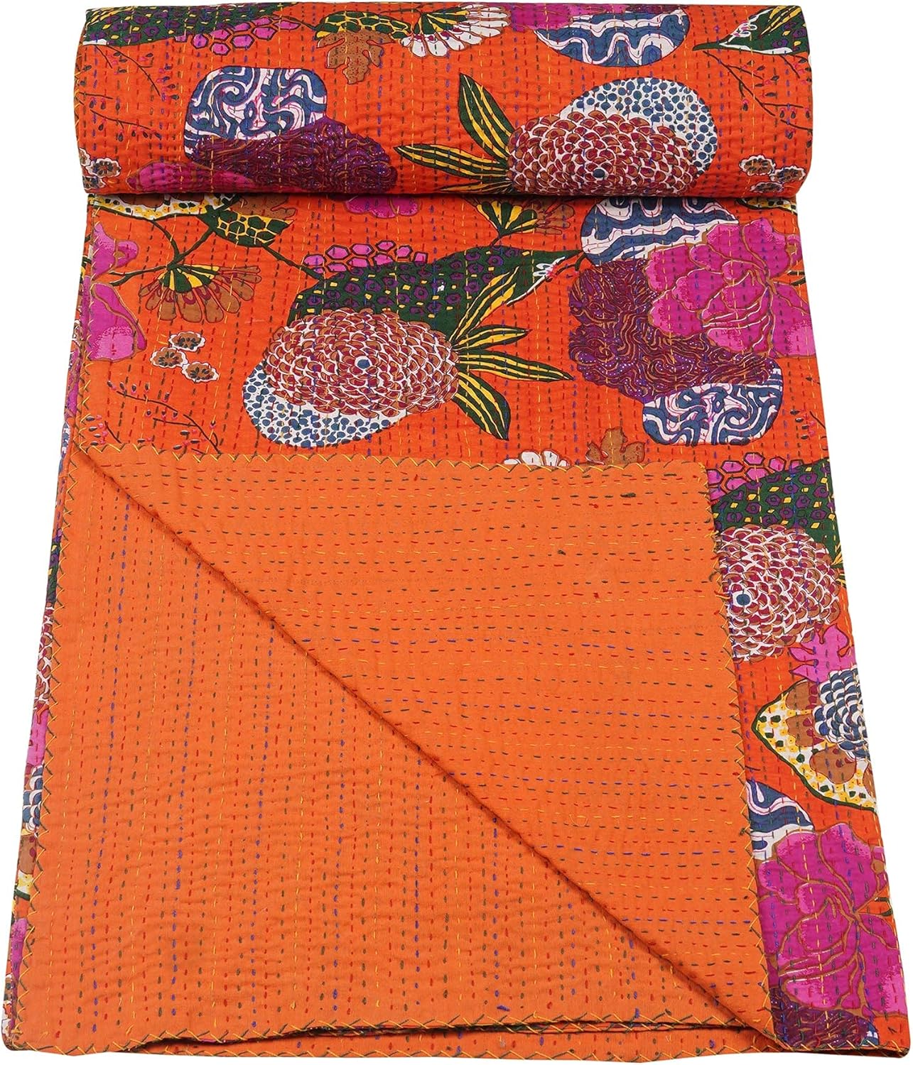 Folded orange floral patterned fabric with colorful fish design