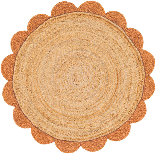 Round woven mat with a sunflower design on a white background