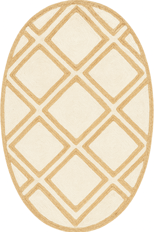 Oval-shaped rug with beige geometric pattern on a white background