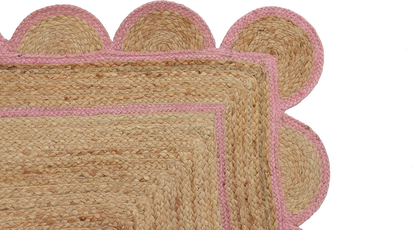 Handmade Natural Pink Scalloped Jute Rug Rectangle Braided Area Rug Farmhouse Boho Nursery Bedroom Living Room Entryway Rug