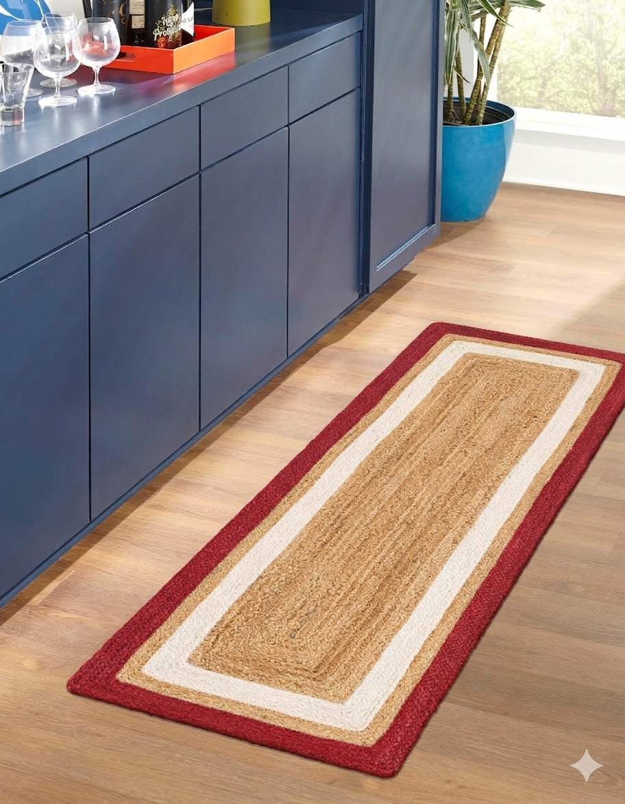 Rectangular rug with red border on wooden floor next to blue cabinets