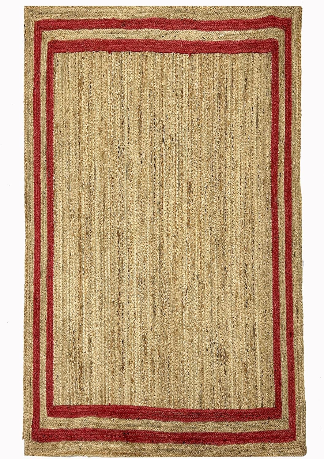 Natural Jute Area Rug with a red border, perfect for living room or entryway as a stylish floor carpet.