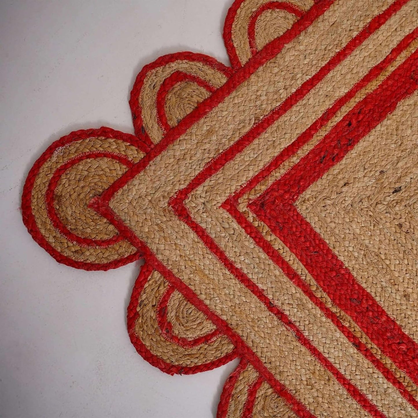 Handmade Natural Red Scalloped Jute Rug Rectangle Braided Area Rug Farmhouse Boho Living Room Bedroom Entryway Rug