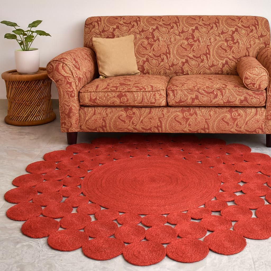 Natural Jute Area Rug in a vibrant red hue with scalloped edges — perfect for adding warmth to your living space.