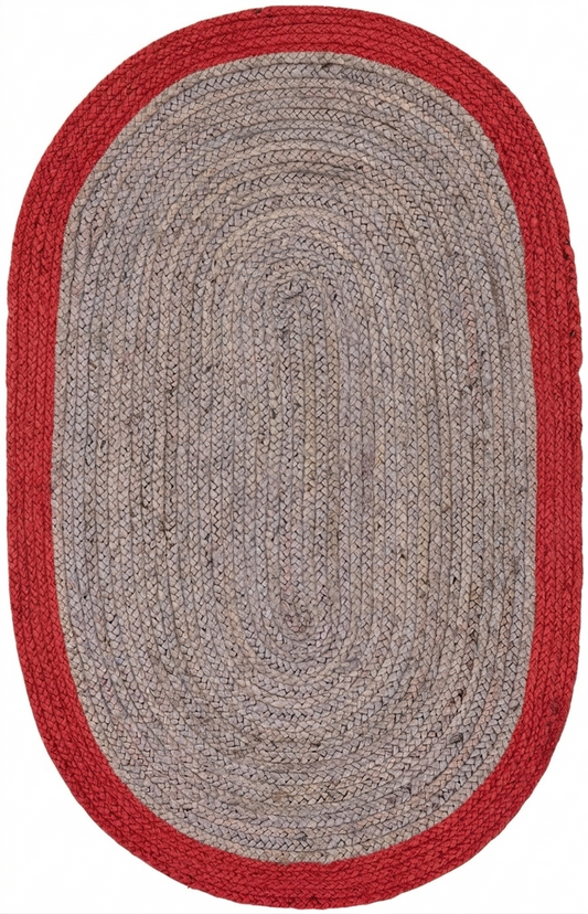 Oval-shaped rug with red border and gray center