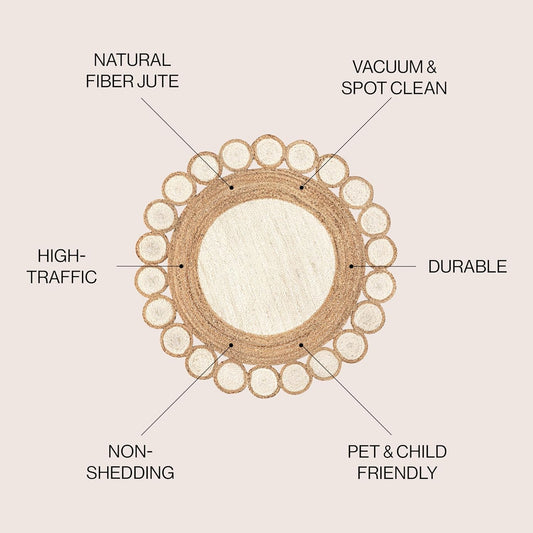 Natural Jute Area Rug featuring a scalloped design, perfect for high-traffic areas with a durable and eco-friendly finish.