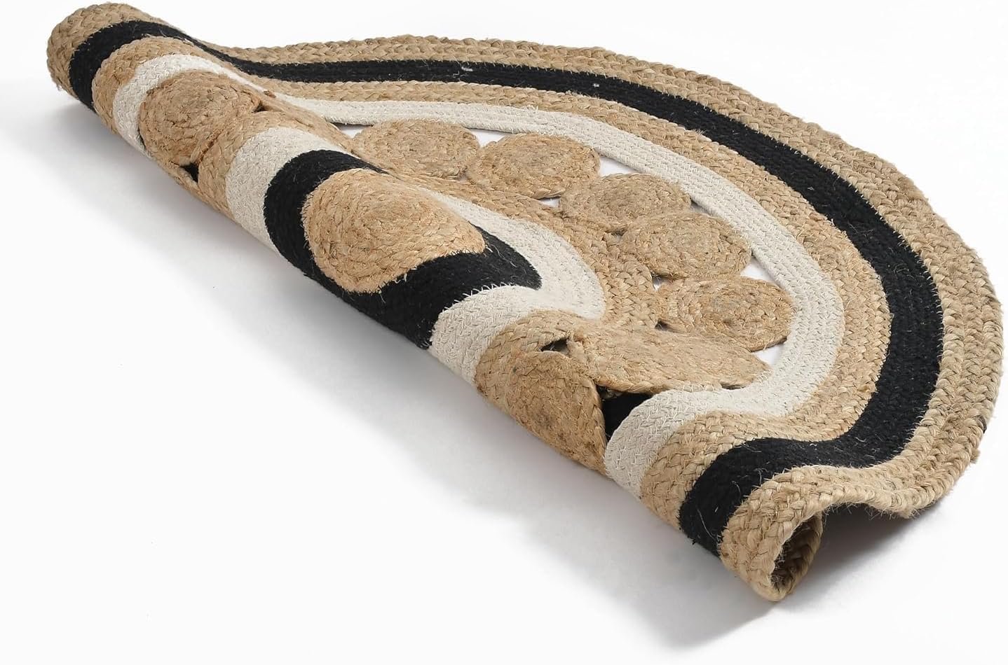 Natural Jute Area Rug with a scalloped design and contrasting black accents — perfect for adding texture to any room.
