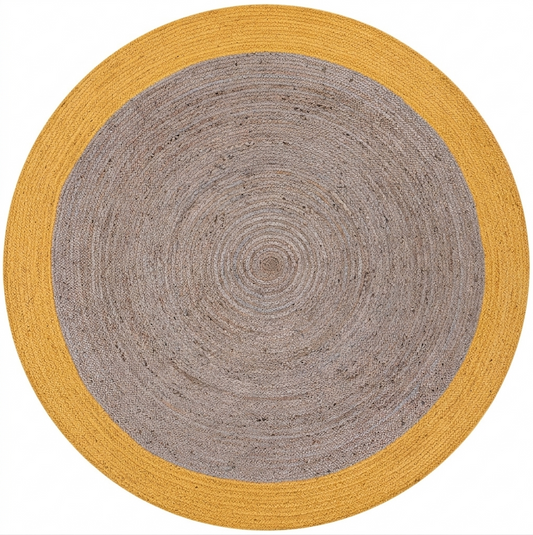 Round rug with concentric circle pattern in gray and yellow on a white background