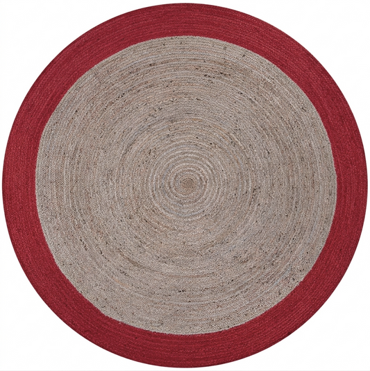 Round rug with red border and gray center on a white background