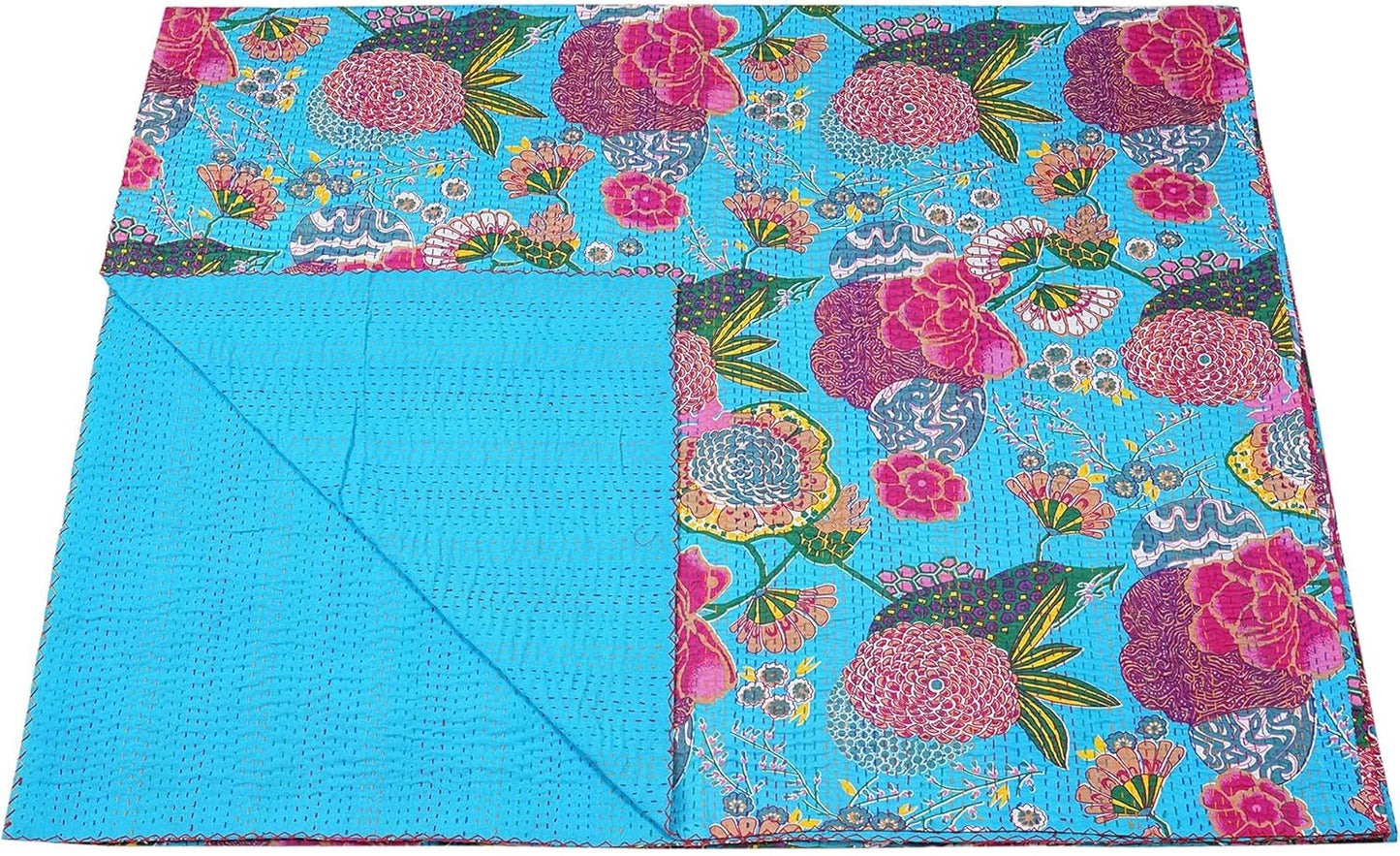 Turquoise Kantha quilt from handmade floral cotton blanket with vintage bedspread design.