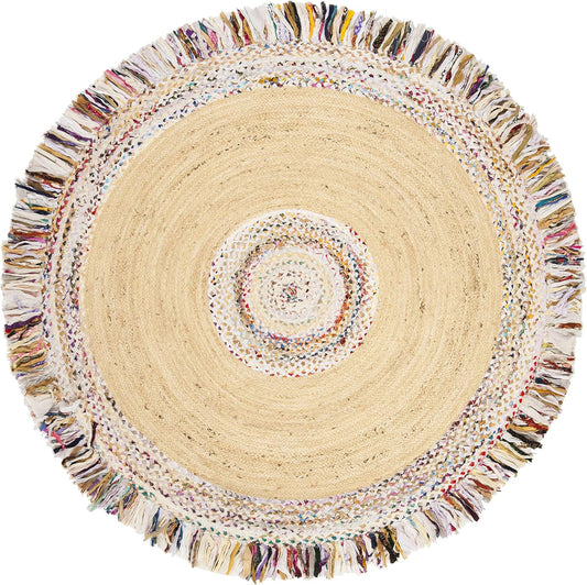 Natural Jute Area Rug with colorful fringes, perfect for adding a bohemian touch to any living space.