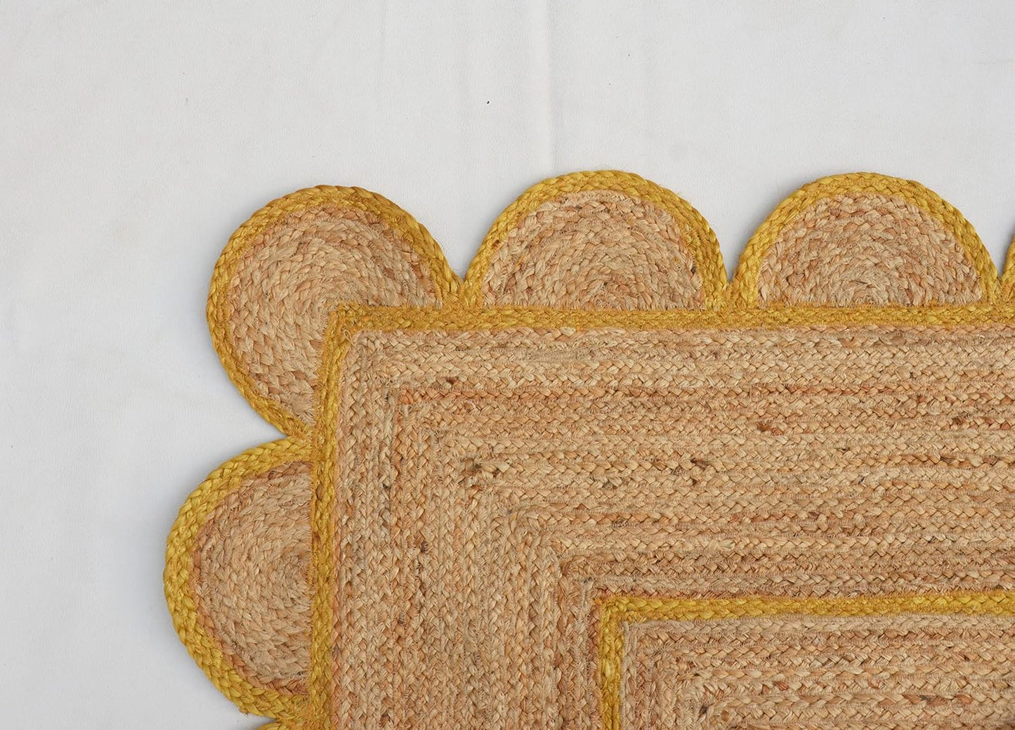 Handmade Natural Yellow Scalloped Jute Rug Rectangle Braided Area Rug Farmhouse Boho Living Room Bedroom Entryway Rug