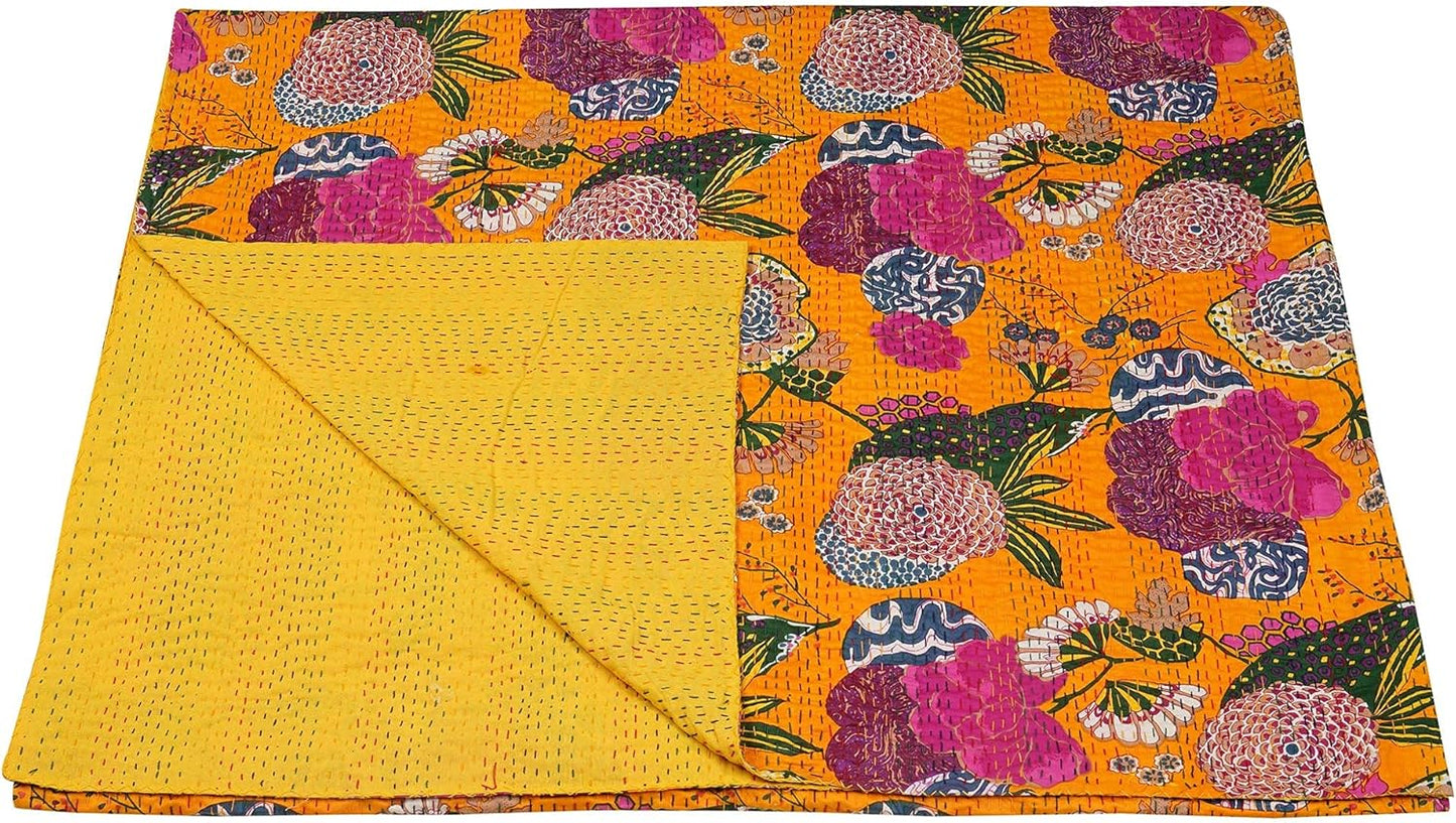 Yellow kantha bedcover with floral pattern by handmade, cotton quilt, boho vintage bedspread.