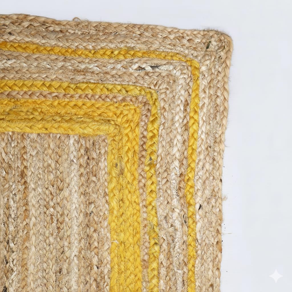 Close-up of woven jute mats with yellow border on a white background