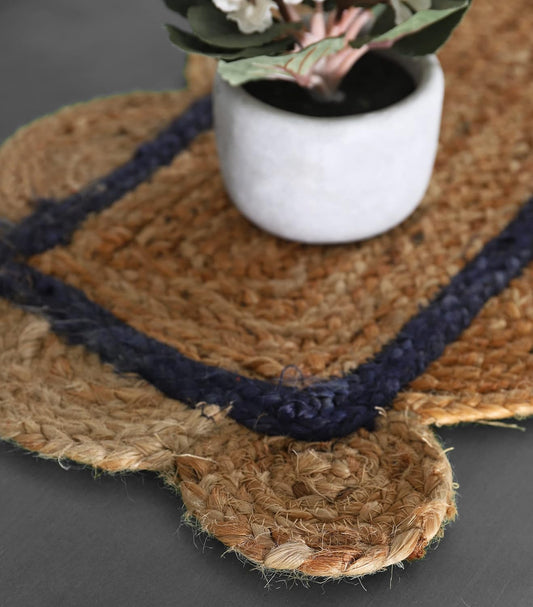 Indian Handmade Scalloped Natural Jute With Blue Border Dining Table Runner