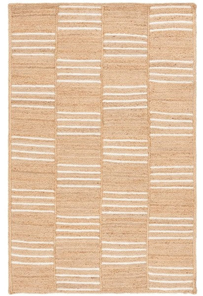 Beige and white striped rug with a geometric pattern