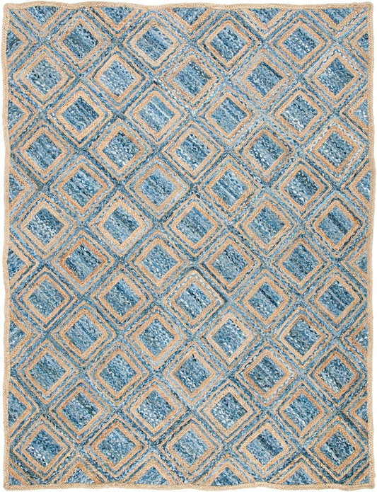 Blue and beige diamond patterned area rug, woven in durable fabric, ideal for modern home decor.