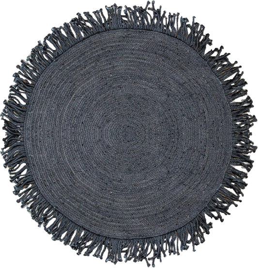 A round woven rug in dark charcoal gray with fringed edges, shown from a top-down view on a white background.