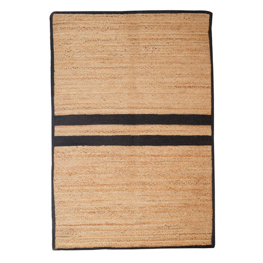 Beige woven rug with a black border on a white background