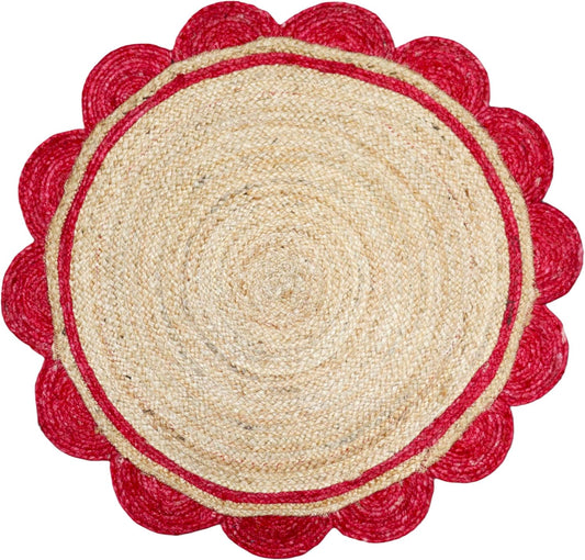 Round jute rug with red border on a white background