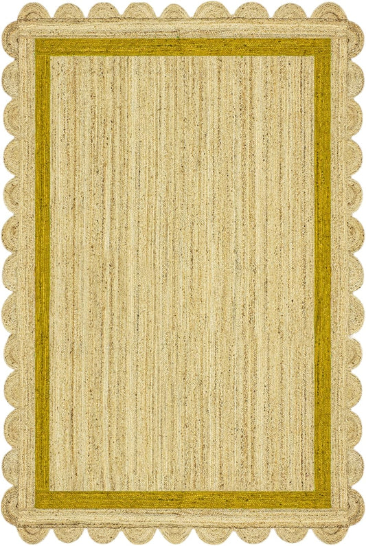 Natural Jute Area Rug with a scalloped edge and earthy tones, perfect for adding warmth to any living space.