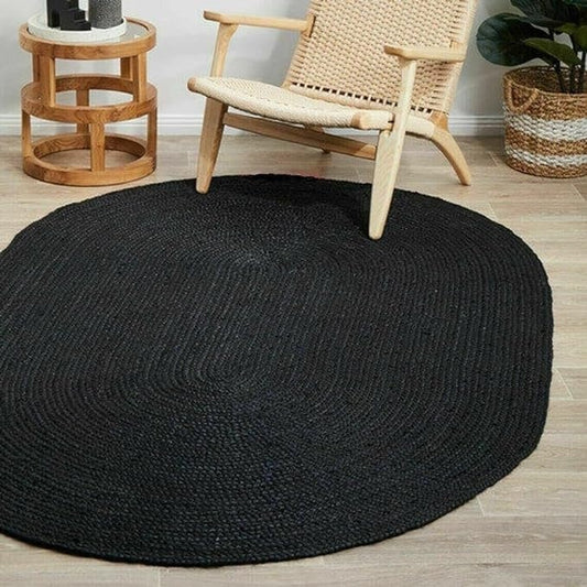 Handmade Braided Natural Jute Black Oval Shape Floor Area Rug-Floor Carpet Rug