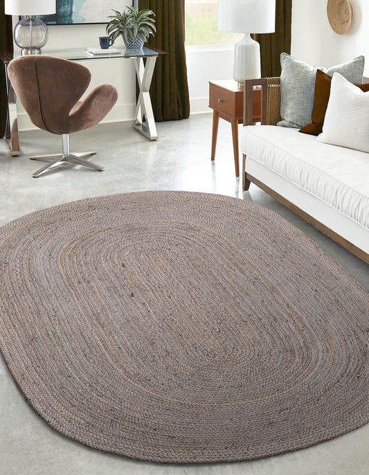 Modern Graphite Grey Oval Braided Cotton Rug | Versatile Neutral Hand-Woven Floor Rug