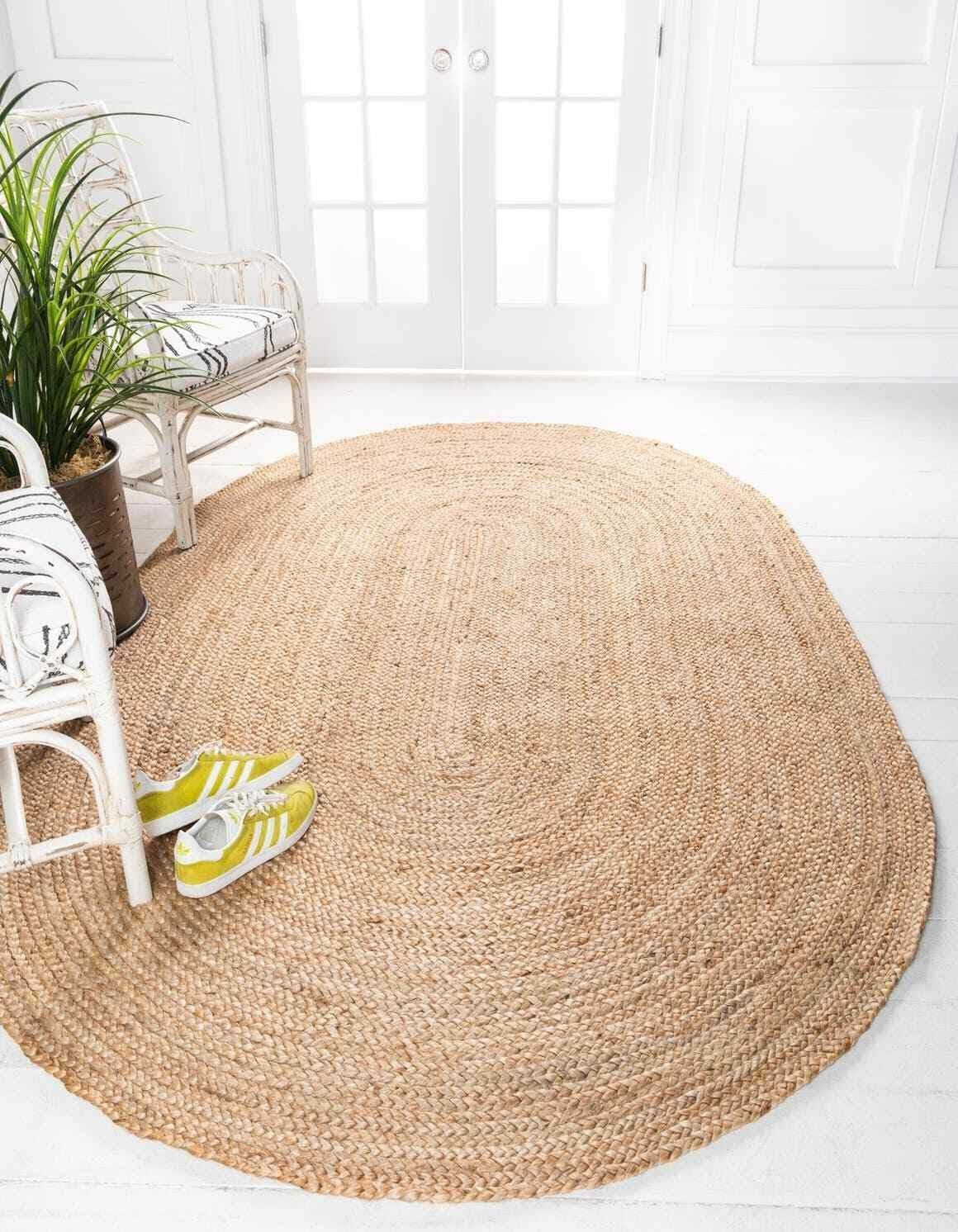 Eco-Friendly Natural Jute Oval Braided Floor Area Rug | Hand-Woven Organic Fiber Area Rug