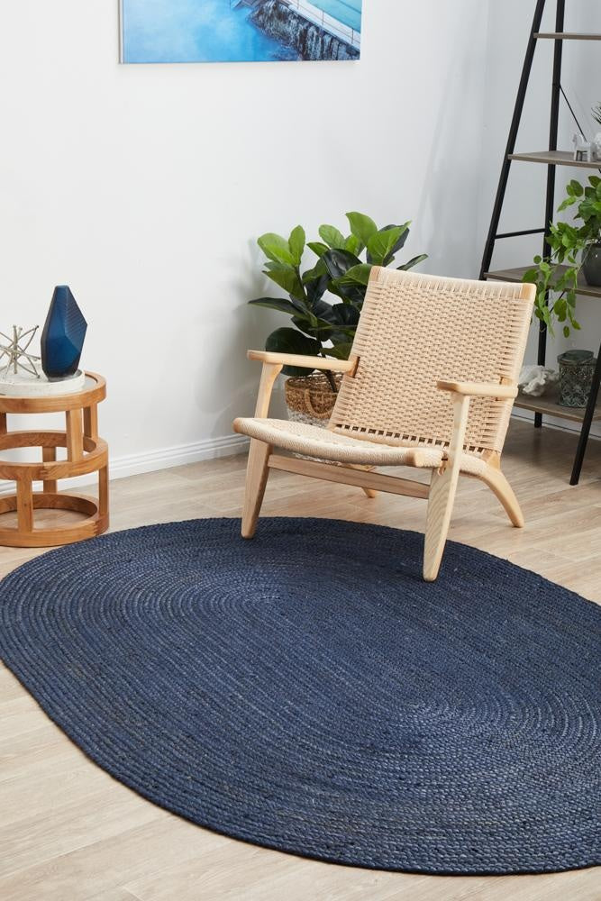 Premium Navy Blue Oval Jute Rug | Hand-Woven Natural Fiber Area Rug for Living Room
