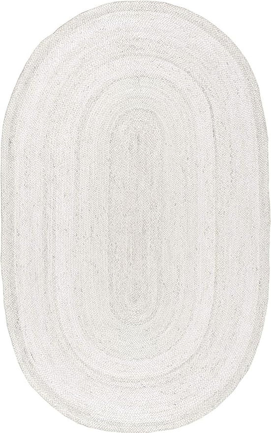 Bohemian Off-White Oval Jute Rug | Natural Braided Fiber Area Rug for Bright Interiors