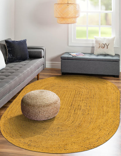Sunshine Yellow Oval Jute Area Rug | Vibrant Hand-Woven Natural Fiber Floor Carpet Rug