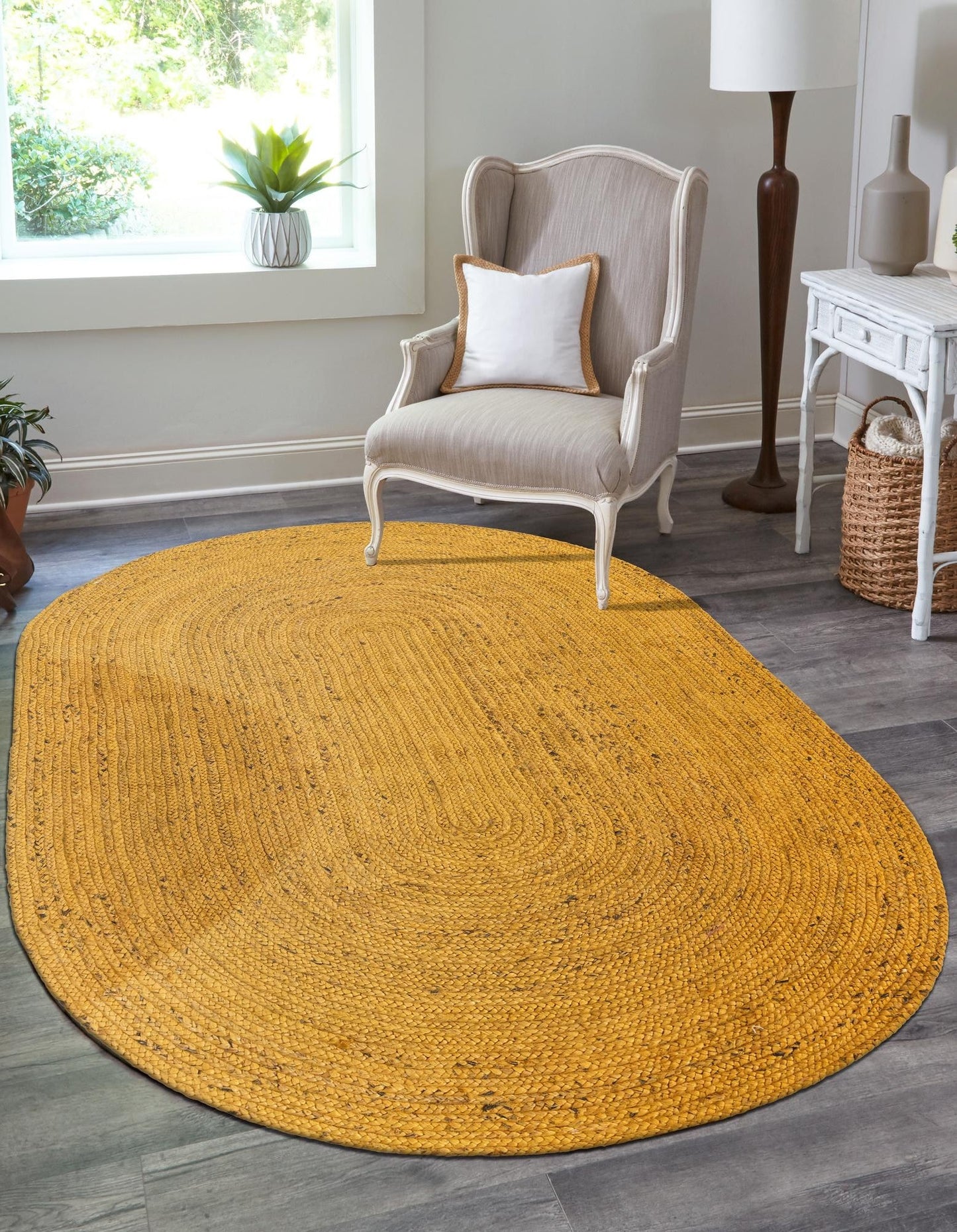 Sunshine Yellow Oval Jute Area Rug | Vibrant Hand-Woven Natural Fiber Floor Carpet Rug