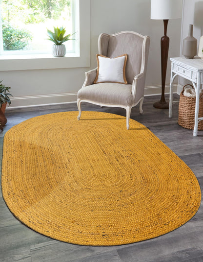 Sunshine Yellow Oval Jute Area Rug | Vibrant Hand-Woven Natural Fiber Floor Carpet Rug