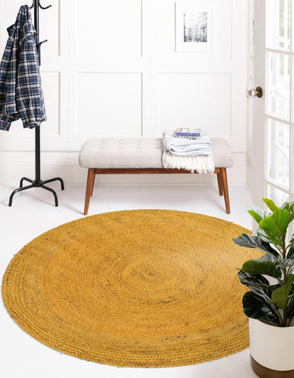Golden Mustard Round Jute Area Rug | Handwoven Natural Fiber Farmhouse Area Rug