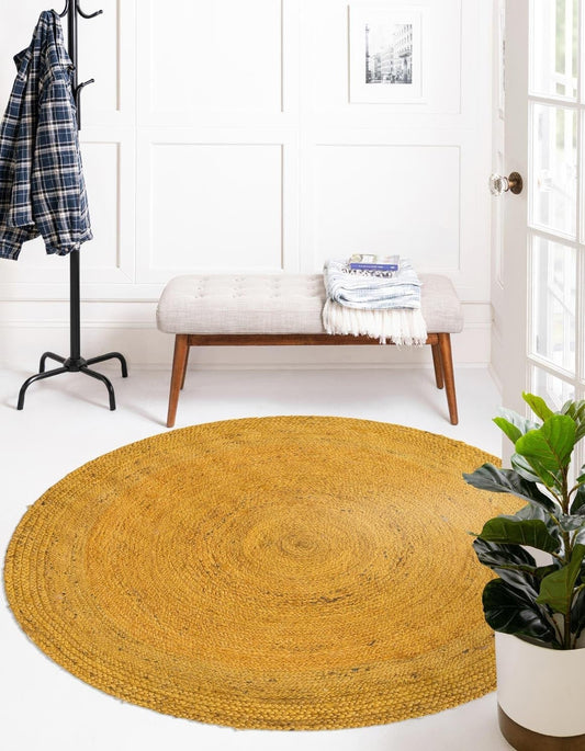 Golden Mustard Round Jute Area Rug | Handwoven Natural Fiber Farmhouse Area Rug