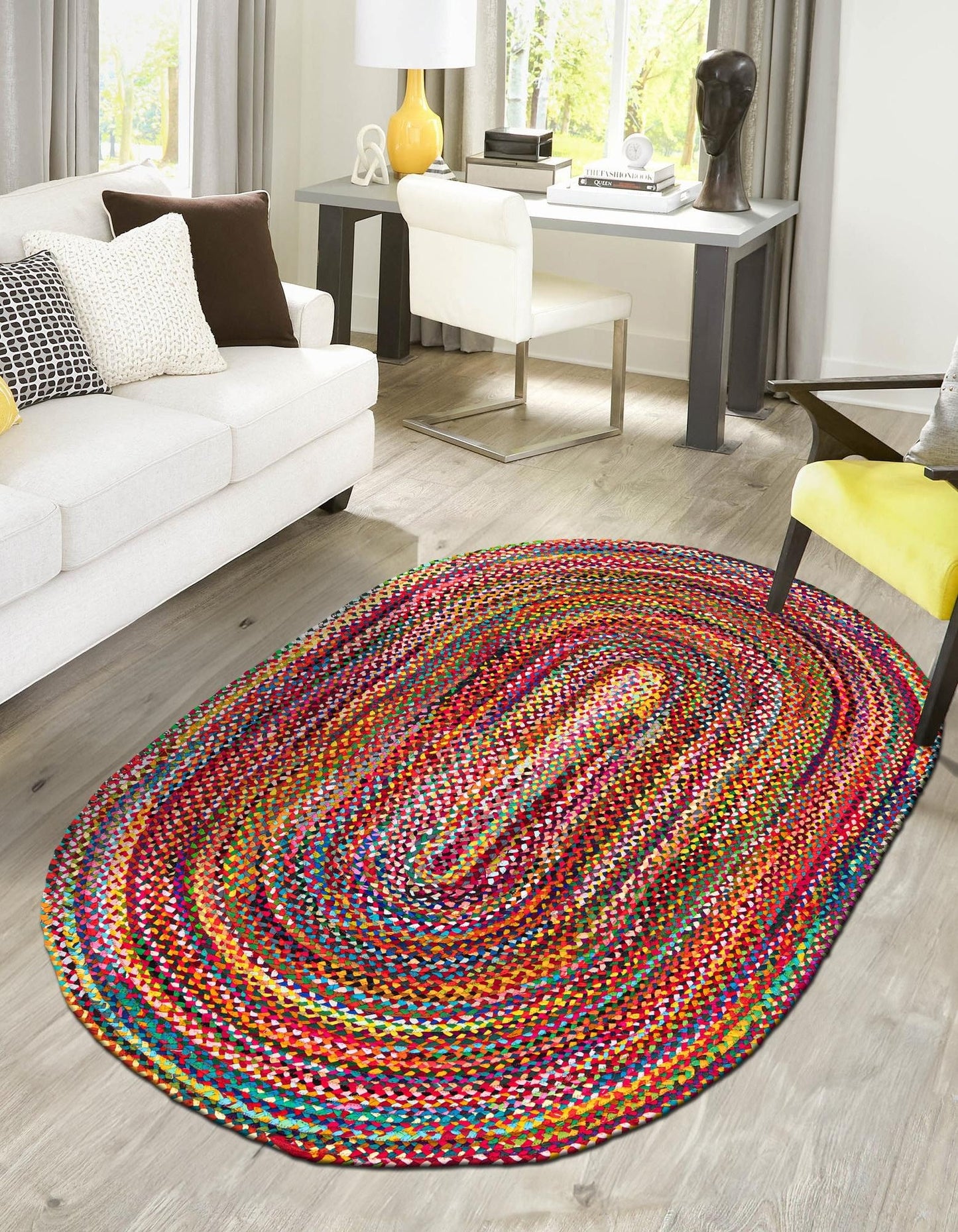 Handmade Multi-Color Oval Braided Cotton Rug - Vibrant Bohemian Style Area Rug