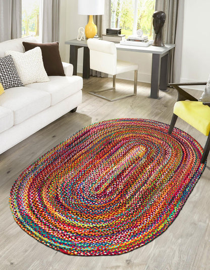 Handmade Multi-Color Oval Braided Cotton Rug - Vibrant Bohemian Style Area Rug