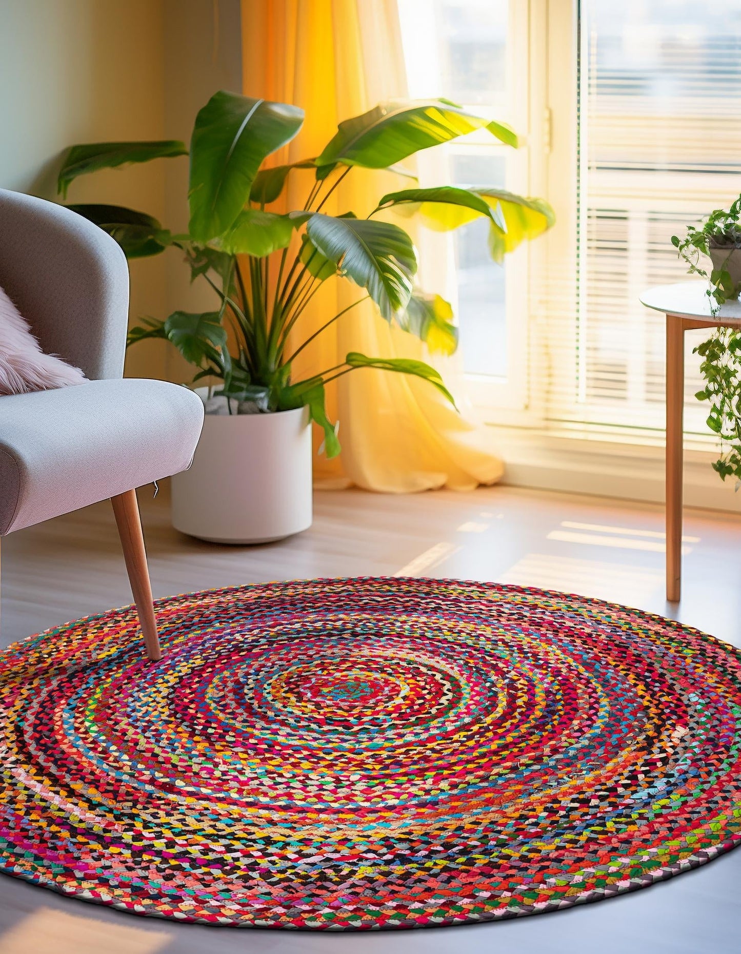 Handmade Multi-Color Round Braided Cotton Area Rug | Bohemian Floor Carpet Round Rug