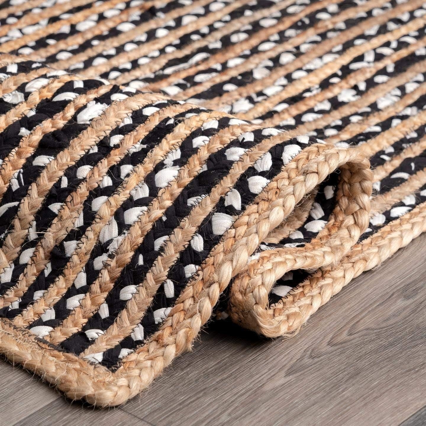 Handmade Braided Natural Jute With Black and White Cotton Floor Area Runner Rug-Bed Side Runner Rug