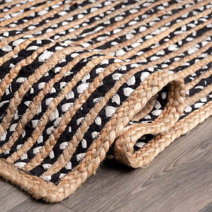 Handmade Braided Natural Jute With Black and White Cotton Floor Area Runner Rug-Bed Side Runner Rug