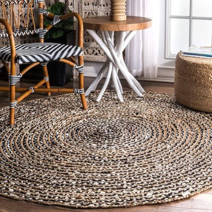 Handmade Braided Natural Jute and Cotton Beige & Black Round Area Rug | Handwoven Minimalist Area Rug