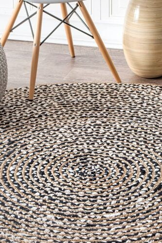 Handmade Braided Natural Jute and Cotton Beige & Black Round Area Rug | Handwoven Minimalist Area Rug