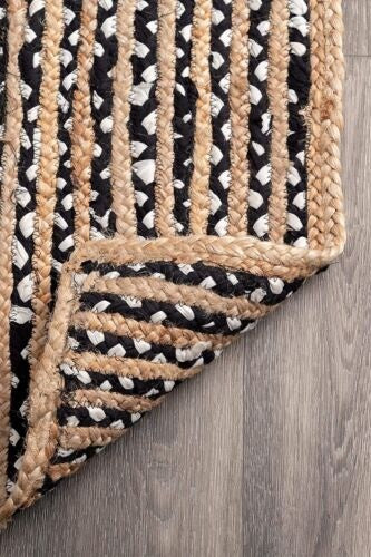 Handmade Braided Natural Jute and Cotton Beige & Black Round Area Rug | Handwoven Minimalist Area Rug