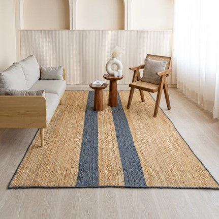 Handmade Braided Natural Jute Inner Two Blue Strip Eco Friendly Floor Area Runner Rug