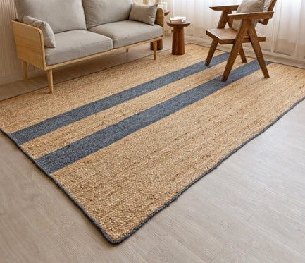 Handmade Braided Natural Jute Inner Two Blue Strip Eco Friendly Floor Area Runner Rug