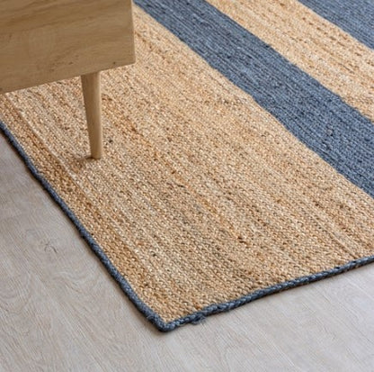Handmade Braided Natural Jute Inner Two Blue Strip Eco Friendly Floor Area Runner Rug