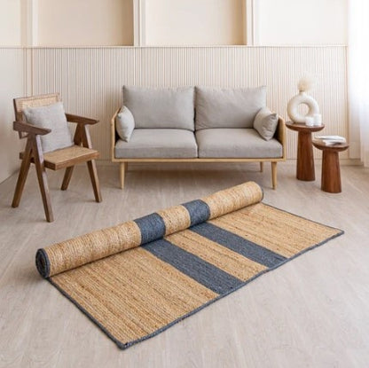 Handmade Braided Natural Jute Inner Two Blue Strip Eco Friendly Floor Area Runner Rug