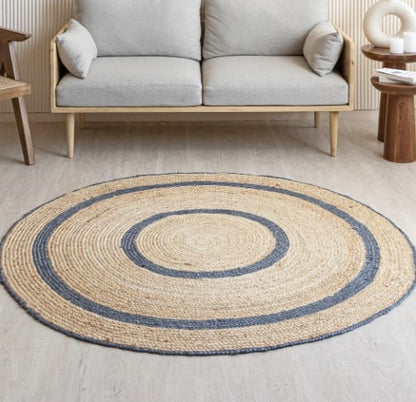 Handmade Natural Jute Round Area Rug with Blue Ring Design | Handwoven Coastal Farmhouse carpet Rug